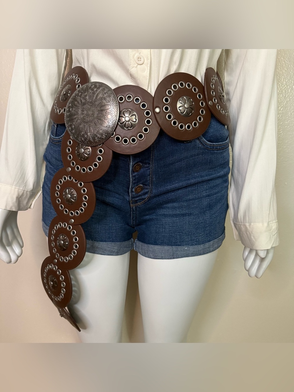 Brown PU leather concho belt with old silver tone buckle